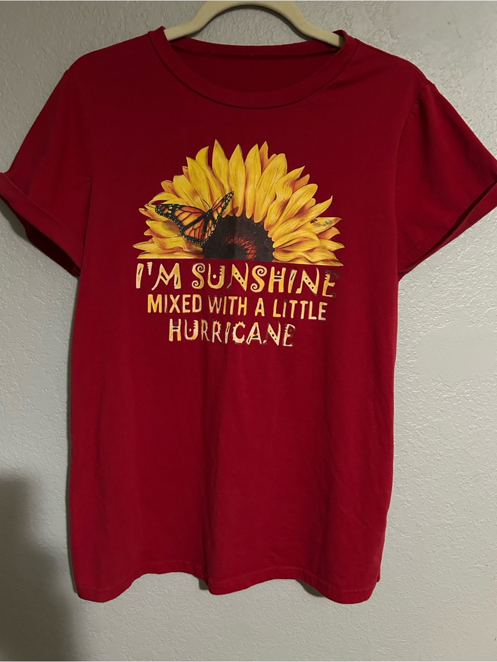 Red Short-Sleeve Graphic Tee with Sunflower & Butterfly Print